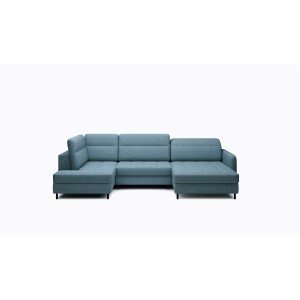 Canapé d’angle convertible BERTHO 306 cm bleu canard chenillé – Angle droit avec coffre 
