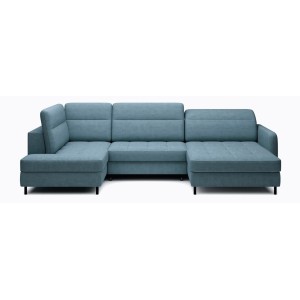 Canapé d’angle convertible BERTHO 306 cm bleu canard chenillé – Angle droit avec coffre 