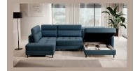 Canapé d’angle convertible BERTHO 306 cm bleu canard chenillé – Angle droit avec coffre 