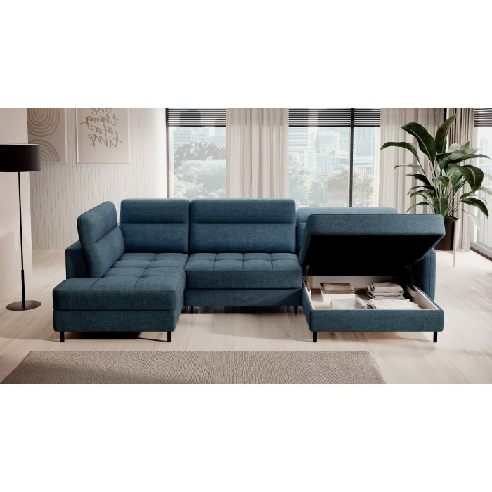 Canapé d’angle convertible BERTHO 306 cm bleu canard chenillé – Angle droit avec coffre 