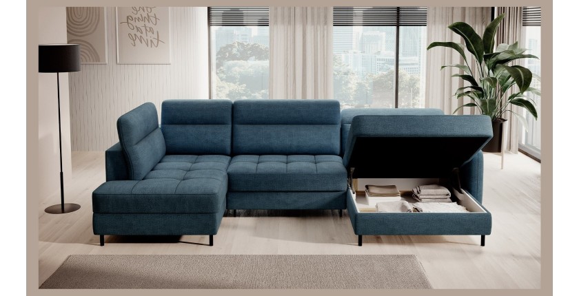 Canapé d’angle convertible BERTHO 306 cm bleu canard chenillé – Angle droit avec coffre 