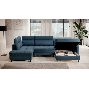Canapé d’angle convertible BERTHO 306 cm bleu canard chenillé – Angle droit avec coffre 
