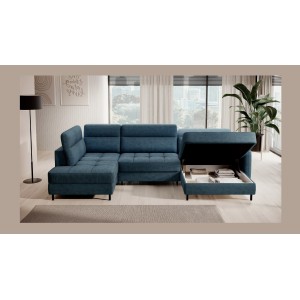 Canapé d’angle convertible BERTHO 306 cm bleu canard chenillé – Angle droit avec coffre 