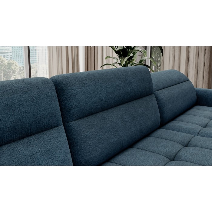Canapé d’angle convertible BERTHO 306 cm bleu canard chenillé – Angle droit avec coffre 