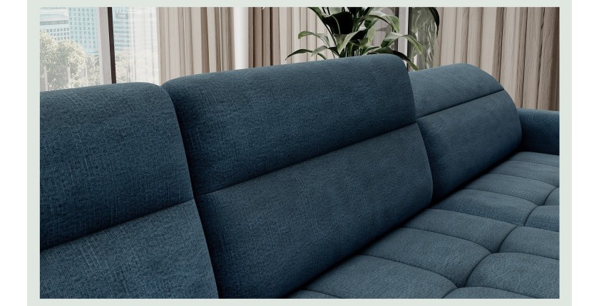 Canapé d’angle convertible BERTHO 306 cm bleu canard chenillé – Angle droit avec coffre 