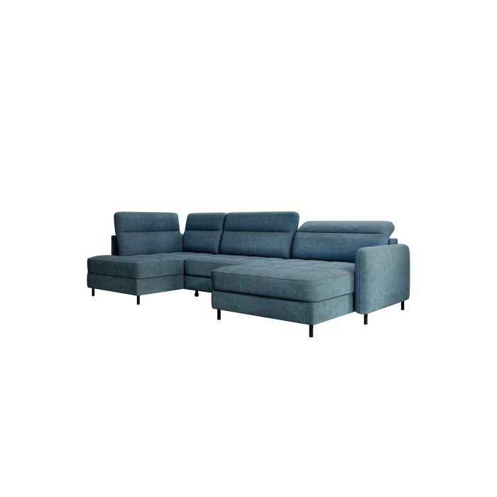 Canapé d’angle convertible BERTHO 306 cm bleu canard chenillé – Angle droit avec coffre 