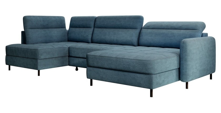 Canapé d’angle convertible BERTHO 306 cm bleu canard chenillé – Angle droit avec coffre 