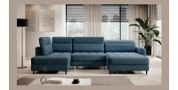 Canapé d’angle convertible BERTHO 306 cm bleu canard chenillé – Angle droit avec coffre 