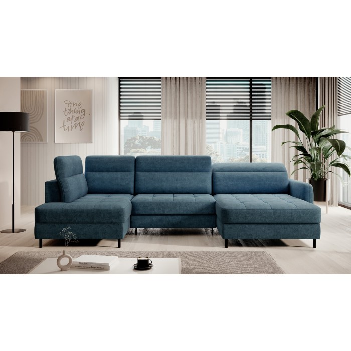 Canapé d’angle convertible BERTHO 306 cm bleu canard chenillé – Angle droit avec coffre 