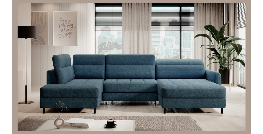 Canapé d’angle convertible BERTHO 306 cm bleu canard chenillé – Angle droit avec coffre 
