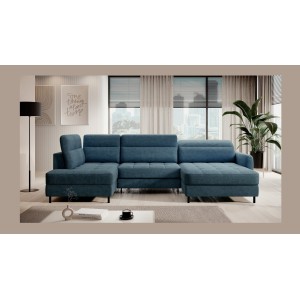 Canapé d’angle convertible BERTHO 306 cm bleu canard chenillé – Angle droit avec coffre 