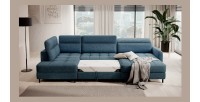 Canapé d’angle convertible BERTHO 306 cm bleu canard chenillé – Angle droit avec coffre 