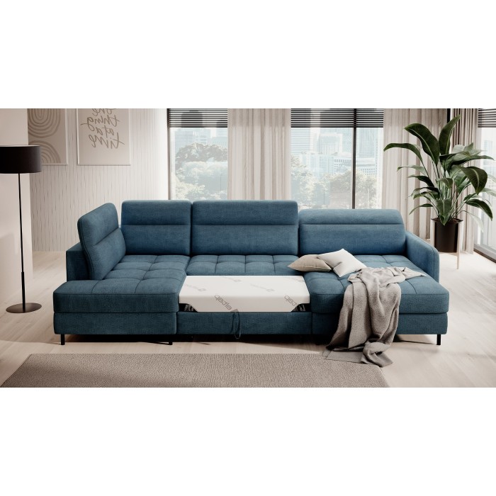Canapé d’angle convertible BERTHO 306 cm bleu canard chenillé – Angle droit avec coffre 