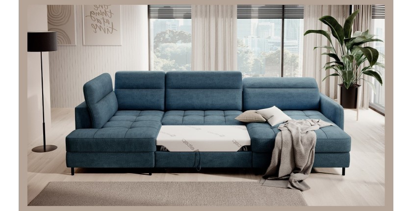 Canapé d’angle convertible BERTHO 306 cm bleu canard chenillé – Angle droit avec coffre 