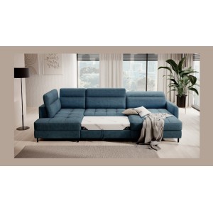 Canapé d’angle convertible BERTHO 306 cm bleu canard chenillé – Angle droit avec coffre 