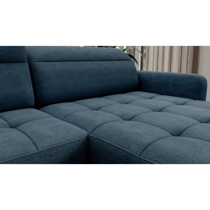 Canapé d’angle convertible BERTHO 306 cm bleu canard chenillé – Angle droit avec coffre 