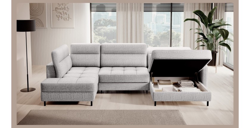 Canapé d’angle convertible BERTHO 306 cm gris clair effet chiné – Angle droit avec coffre 