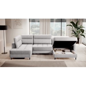 Canapé d’angle convertible BERTHO 306 cm gris clair effet chiné – Angle droit avec coffre 