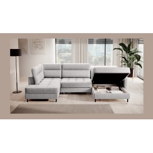 Canapé d’angle convertible BERTHO 306 cm gris clair effet chiné – Angle droit avec coffre 