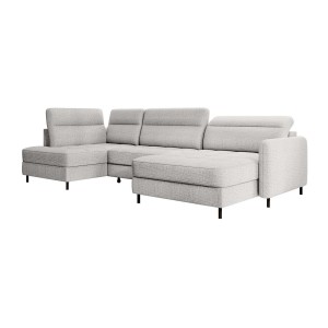 Canapé d’angle convertible BERTHO 306 cm gris clair effet chiné – Angle droit avec coffre 