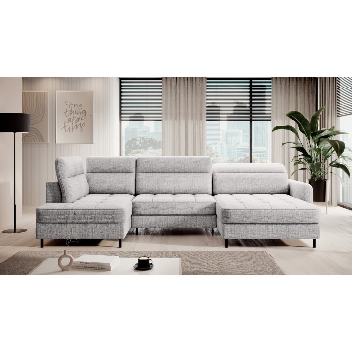 Canapé d’angle convertible BERTHO 306 cm gris clair effet chiné – Angle droit avec coffre 