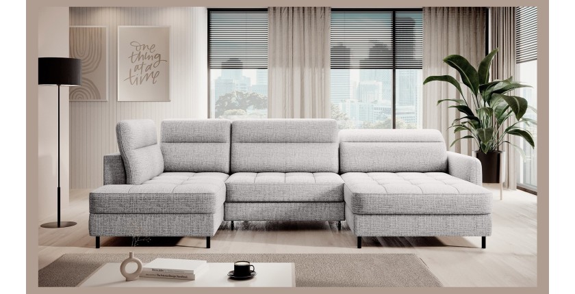 Canapé d’angle convertible BERTHO 306 cm gris clair effet chiné – Angle droit avec coffre 