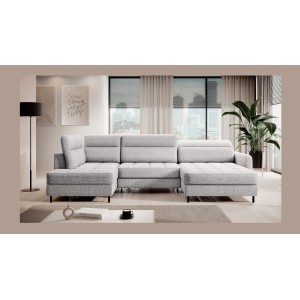 Canapé d’angle convertible BERTHO 306 cm gris clair effet chiné – Angle droit avec coffre 