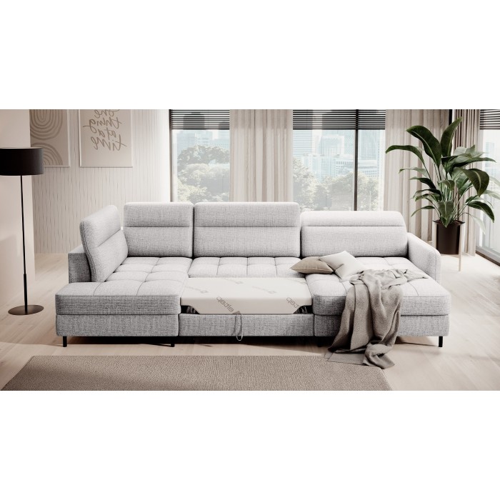 Canapé d’angle convertible BERTHO 306 cm gris clair effet chiné – Angle droit avec coffre 