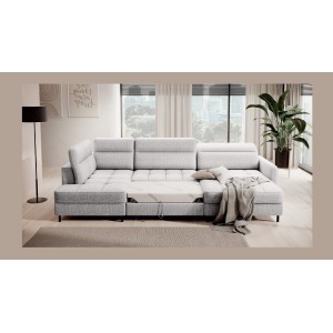 Canapé d’angle convertible BERTHO 306 cm gris clair effet chiné – Angle droit avec coffre 