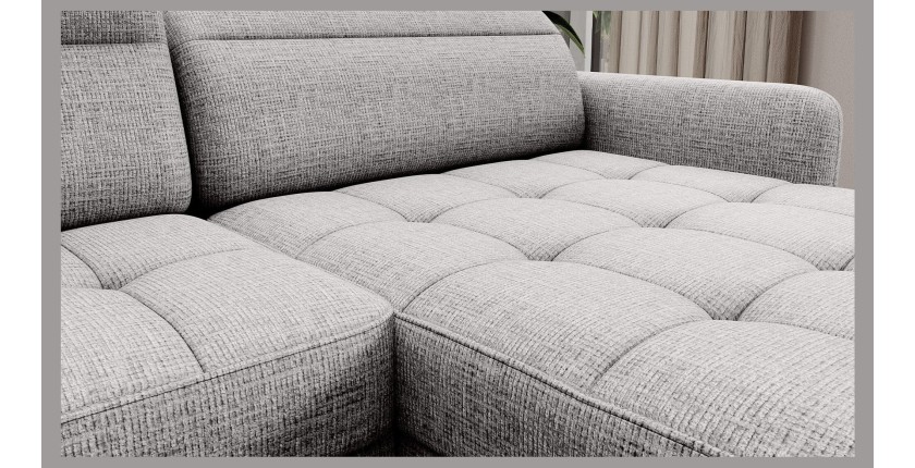 Canapé d’angle convertible BERTHO 306 cm gris clair effet chiné – Angle droit avec coffre 