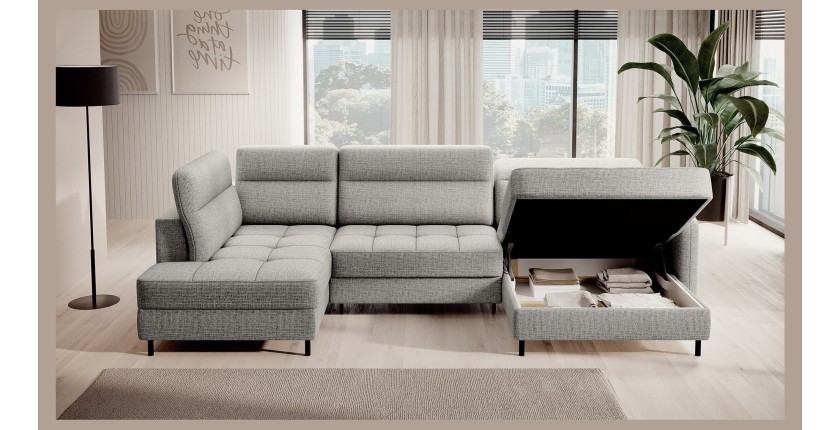Canapé d’angle convertible BERTHO 306 cm gris clair effet chiné – Angle droit avec coffre 