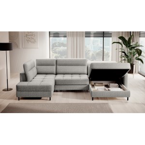 Canapé d’angle convertible BERTHO 306 cm gris clair effet chiné – Angle droit avec coffre 
