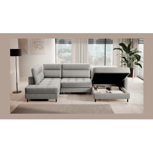 Canapé d’angle convertible BERTHO 306 cm gris clair effet chiné – Angle droit avec coffre 