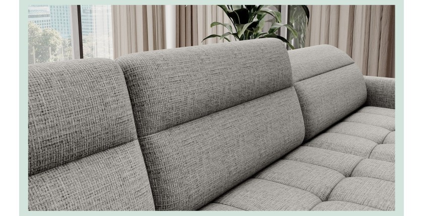 Canapé d’angle convertible BERTHO 306 cm gris clair effet chiné – Angle droit avec coffre 