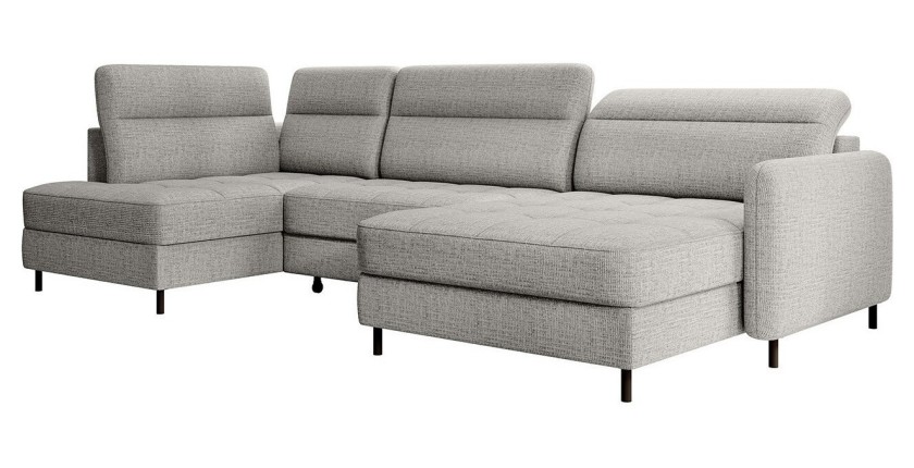 Canapé d’angle convertible BERTHO 306 cm gris clair effet chiné – Angle droit avec coffre 