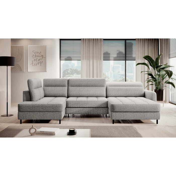 Canapé d’angle convertible BERTHO 306 cm gris clair effet chiné – Angle droit avec coffre 