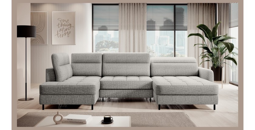 Canapé d’angle convertible BERTHO 306 cm gris clair effet chiné – Angle droit avec coffre 