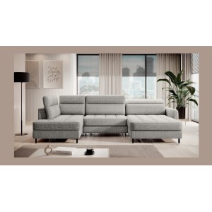 Canapé d’angle convertible BERTHO 306 cm gris clair effet chiné – Angle droit avec coffre 