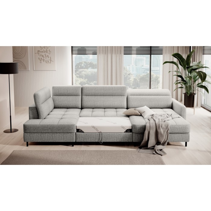 Canapé d’angle convertible BERTHO 306 cm gris clair effet chiné – Angle droit avec coffre 