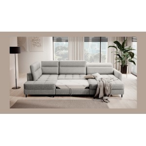 Canapé d’angle convertible BERTHO 306 cm gris clair effet chiné – Angle droit avec coffre 