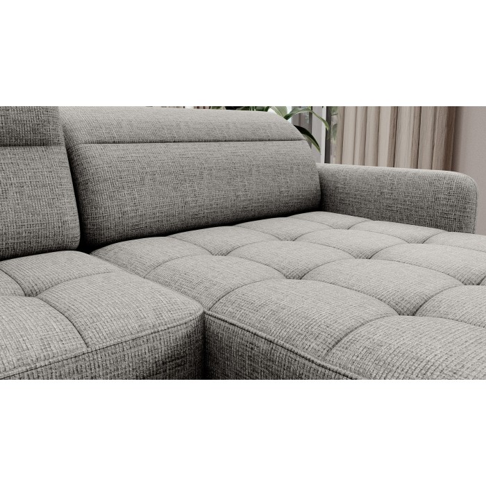 Canapé d’angle convertible BERTHO 306 cm gris clair effet chiné – Angle droit avec coffre 