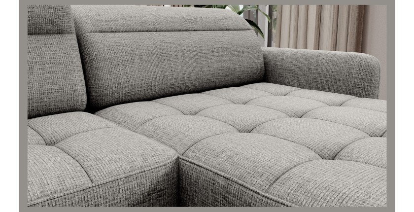 Canapé d’angle convertible BERTHO 306 cm gris clair effet chiné – Angle droit avec coffre 