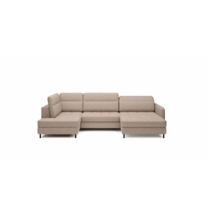 Canapé d’angle convertible BERTHO 306 cm beige clair effet chiné – Angle droit avec coffre 