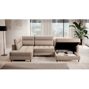 Canapé d’angle convertible BERTHO 306 cm beige clair effet chiné – Angle droit avec coffre 