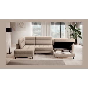 Canapé d’angle convertible BERTHO 306 cm beige clair effet chiné – Angle droit avec coffre 