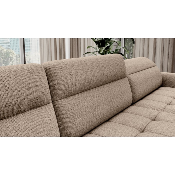 Canapé d’angle convertible BERTHO 306 cm beige clair effet chiné – Angle droit avec coffre 
