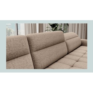 Canapé d’angle convertible BERTHO 306 cm beige clair effet chiné – Angle droit avec coffre 