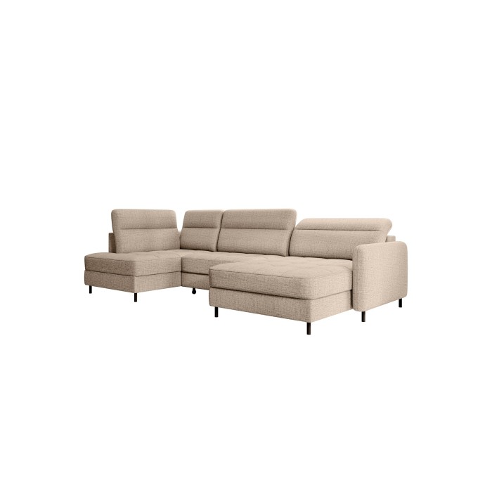 Canapé d’angle convertible BERTHO 306 cm beige clair effet chiné – Angle droit avec coffre 