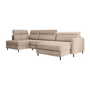 Canapé d’angle convertible BERTHO 306 cm beige clair effet chiné – Angle droit avec coffre 