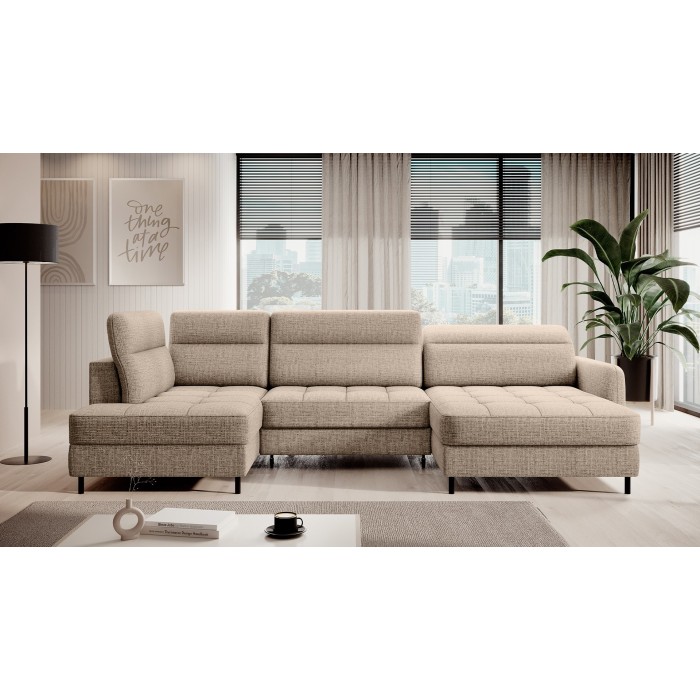 Canapé d’angle convertible BERTHO 306 cm beige clair effet chiné – Angle droit avec coffre 